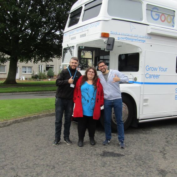 Tenant Heather Trevit with housing officer Paul McArthur and Google’s Matt Borka in Lanark