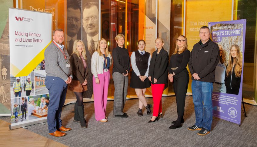  From left, Wheatley mentor Brian Haddow; Sharon McIntyre, Chief Exec of MCR Pathways; Laura Crumlish and Lynne Mitchell of Wheatley Foundation; Holly Dillon; City  Building mentor Louise Allan; Mhairi Taggart of MCR Pathways; and Wheatley mentor Kevin Smith.